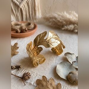 18K Gold Plated Stainless Steel Leaf Cuff Bracelet Adjustable Open Boho Bangle
